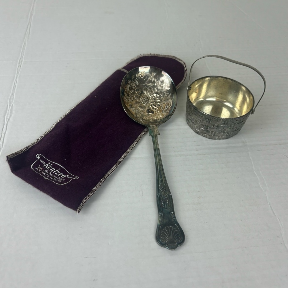 Vintage silver-plated fruit spoon w/sleeve & small basket